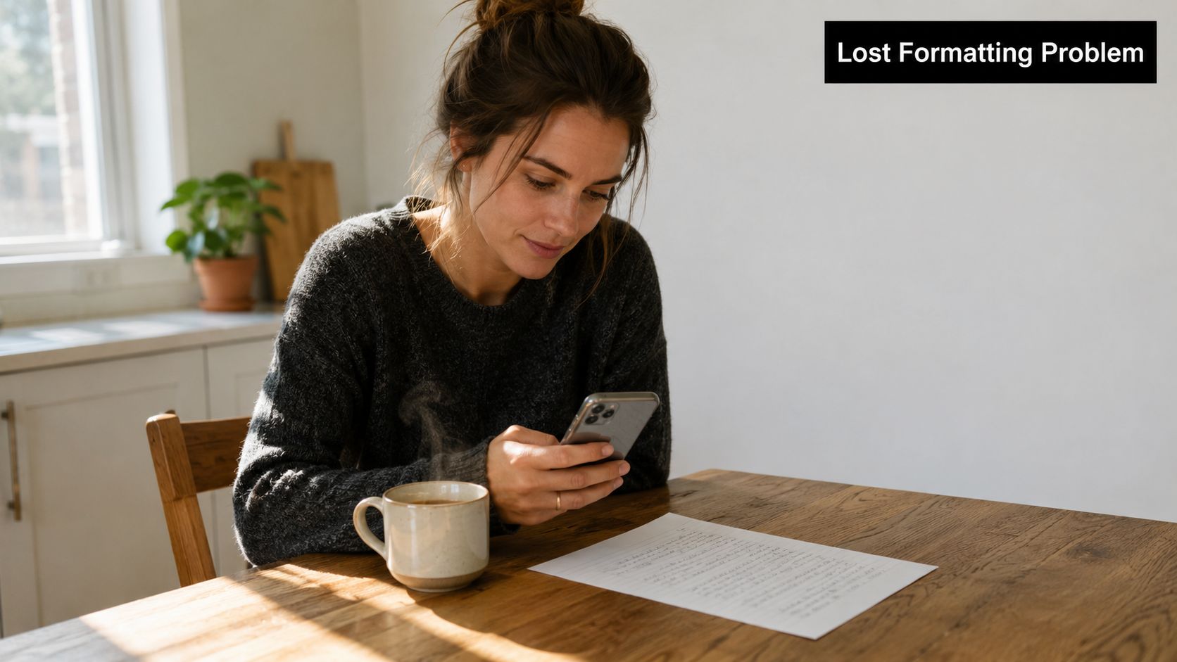 A woman sits at a wooden table looking at her smartphone while holding a cup of coffee.