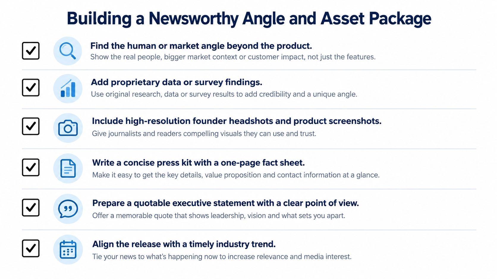 A checklist infographic titled Building a Newsworthy Angle and Asset Package for public relations and media outreach.
