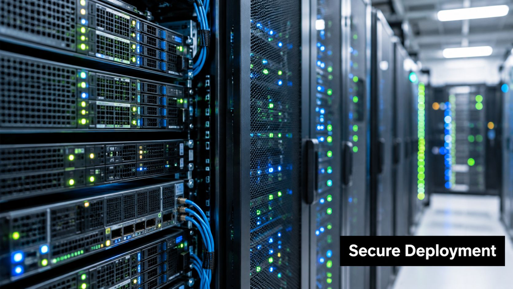 A server rack in a data center with blue and green status lights indicating secure deployment.