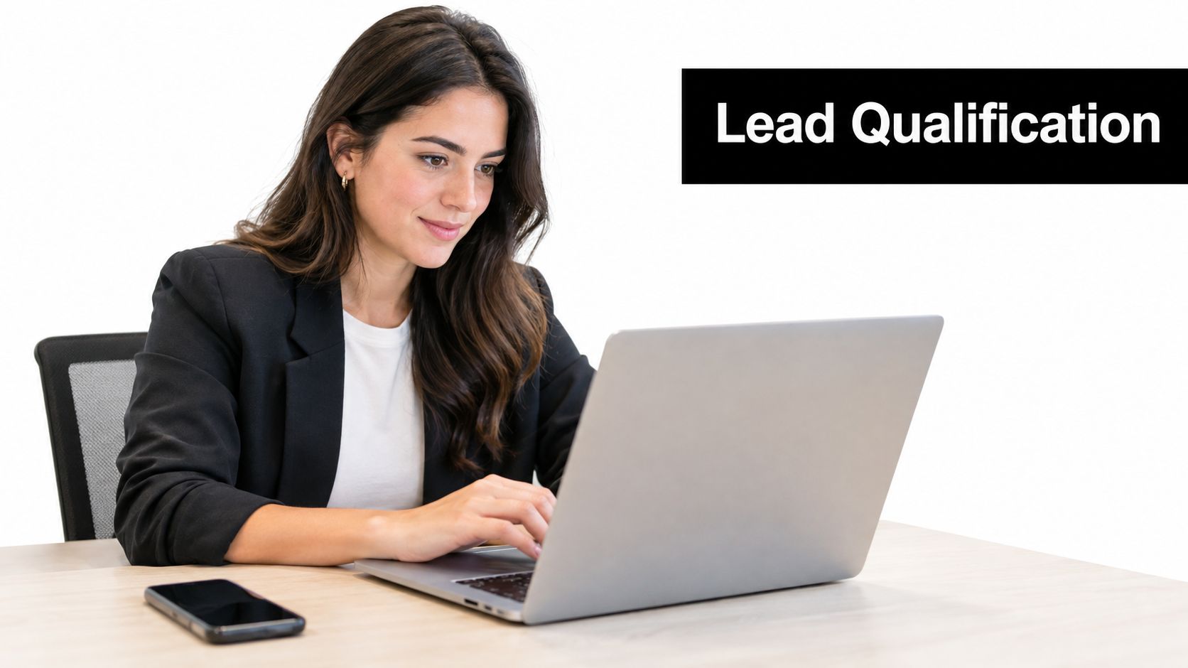 A professional woman in a business suit working on a laptop with Lead Qualification displayed nearby.
