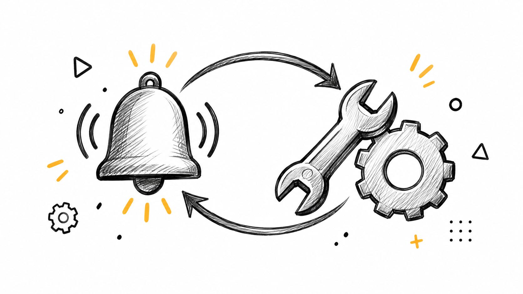A hand-drawn sketch showing a bell being linked with a wrench and gear icon for maintenance.