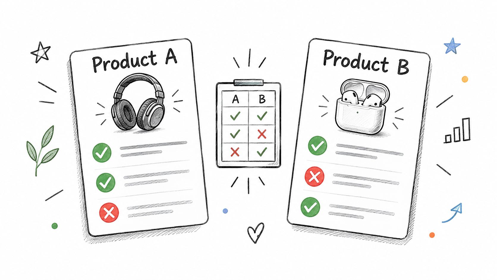 A hand-drawn comparison chart showing two different electronic products with checklists indicating their pros and cons.
