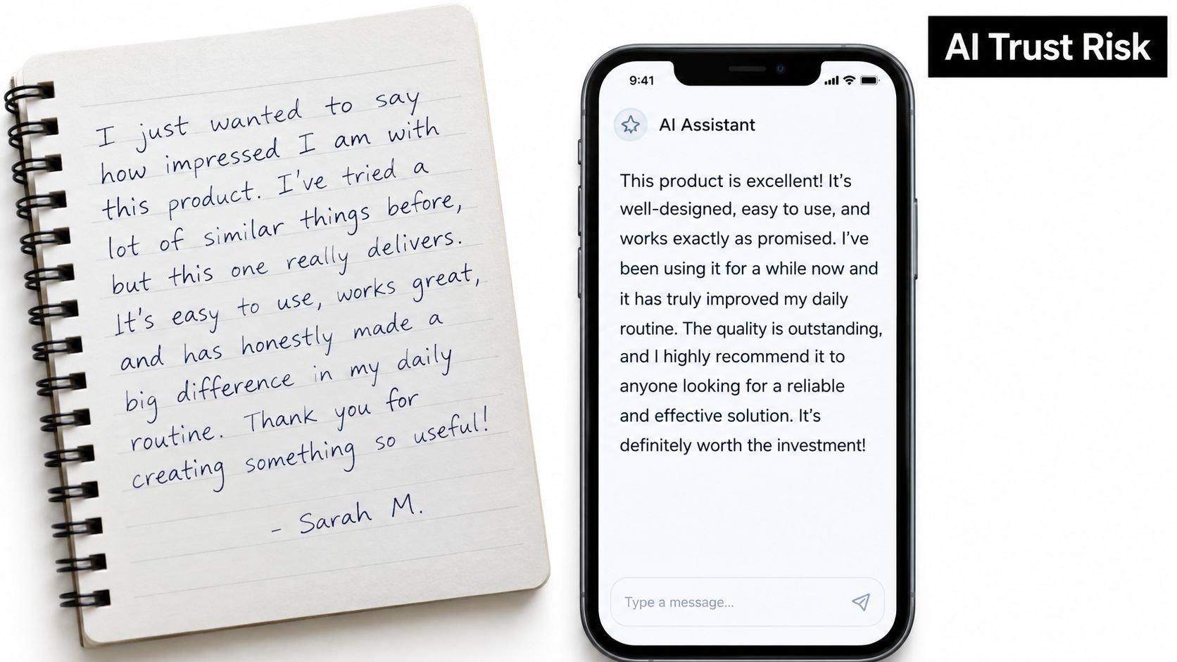 A handwritten testimonial on a spiral notebook next to a smartphone screen displaying a digital AI-generated version.