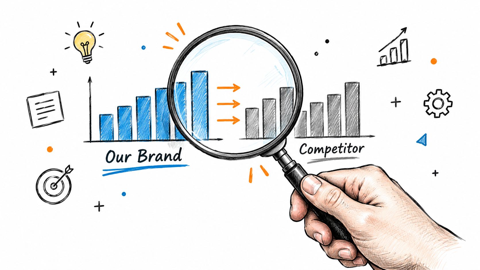 Hand holding a magnifying glass over a bar graph comparing our brand against a competitor.