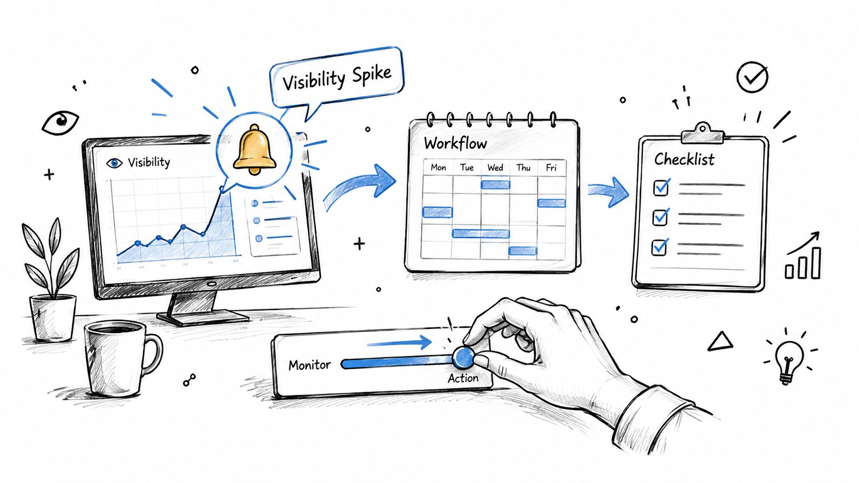 A sketched illustration showing a monitor with a visibility spike, a workflow calendar, and a task checklist.