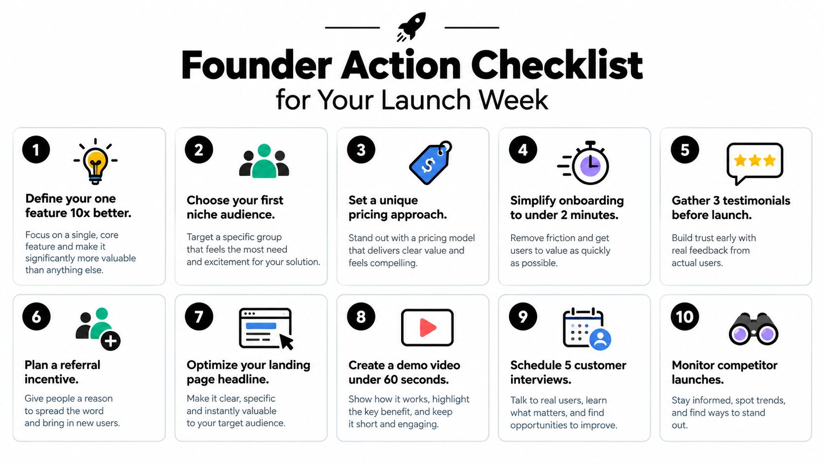 A ten-step founder action checklist guide for planning and executing a successful product launch week.