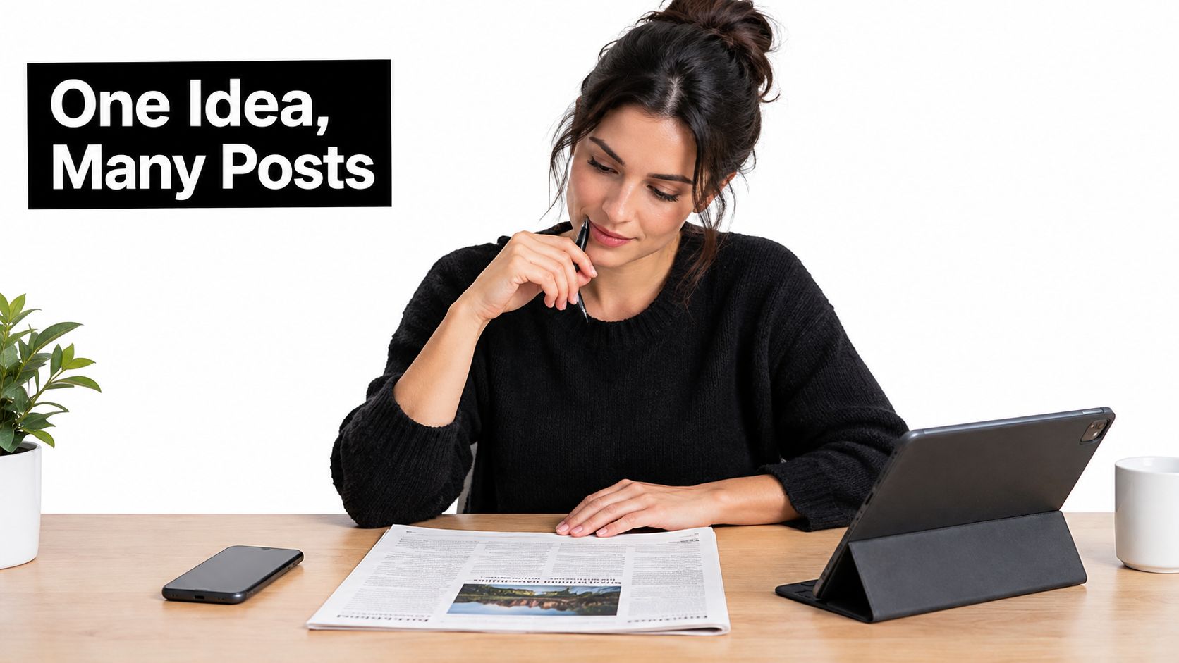A professional woman sitting at a desk reading a newspaper while brainstorming social media content ideas.