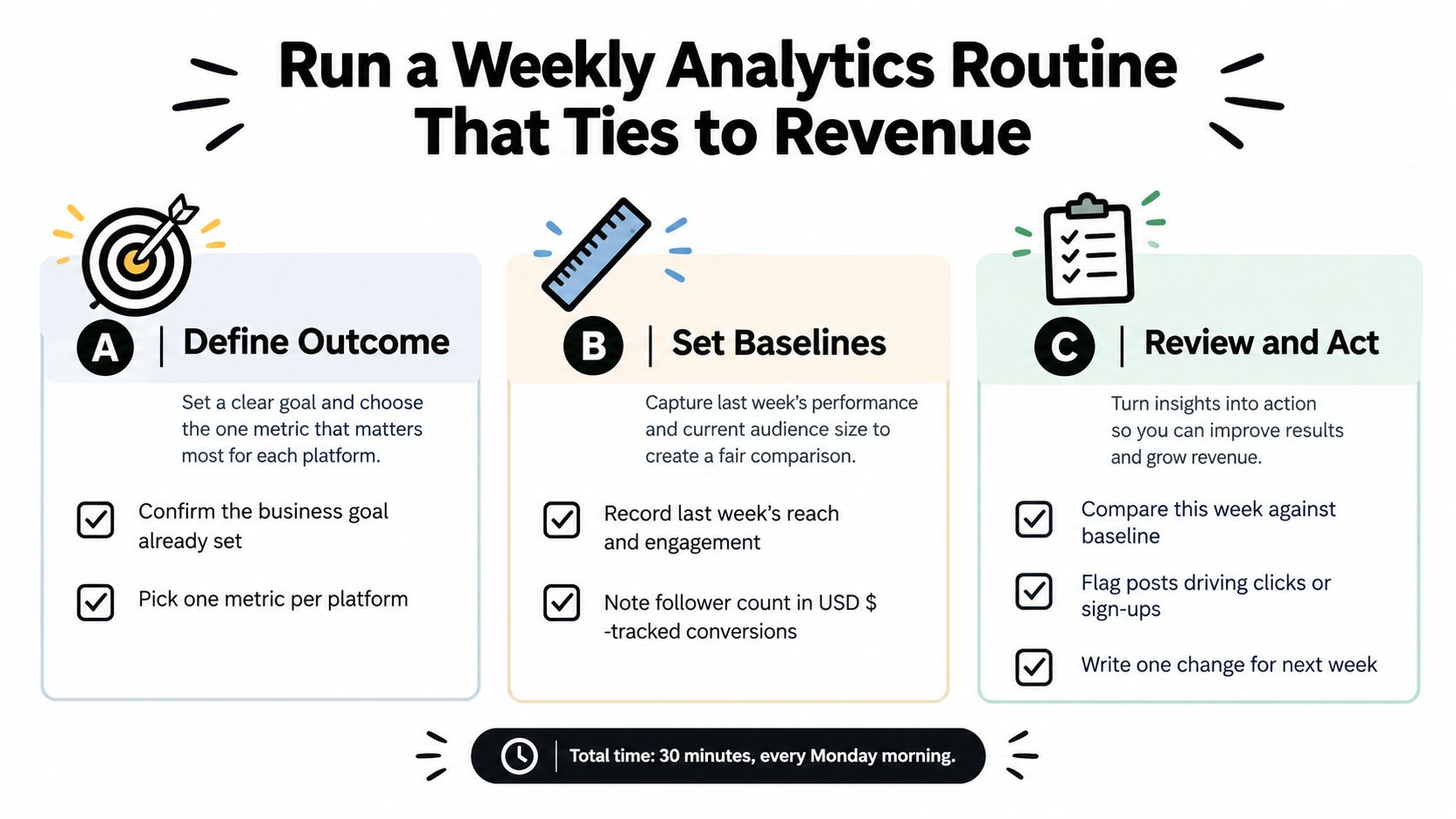 A three-step infographic titled Run a Weekly Analytics Routine That Ties to Revenue with icons for goals, measurement, and actions.