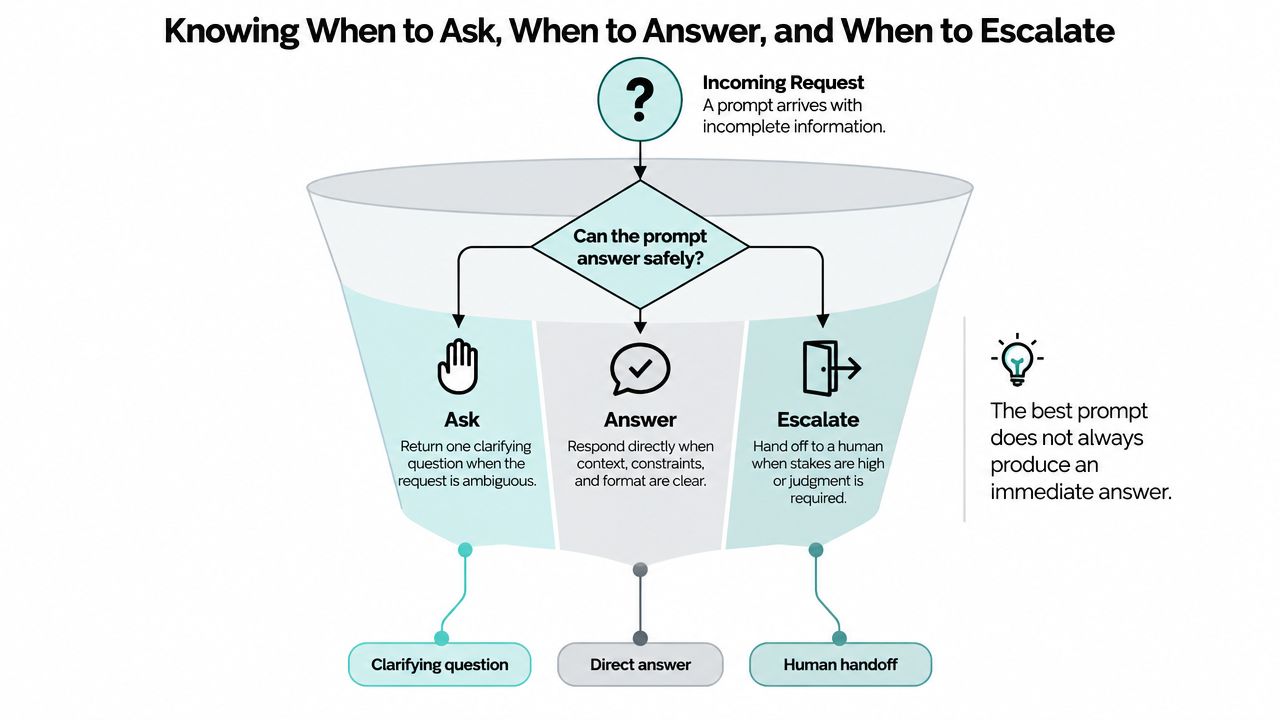 A flowchart diagram explaining when to ask, answer, or escalate based on an incoming AI prompt.
