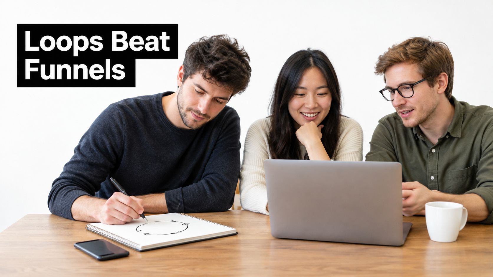 A diverse team of three young professionals collaborating on a startup marketing strategy using a laptop.