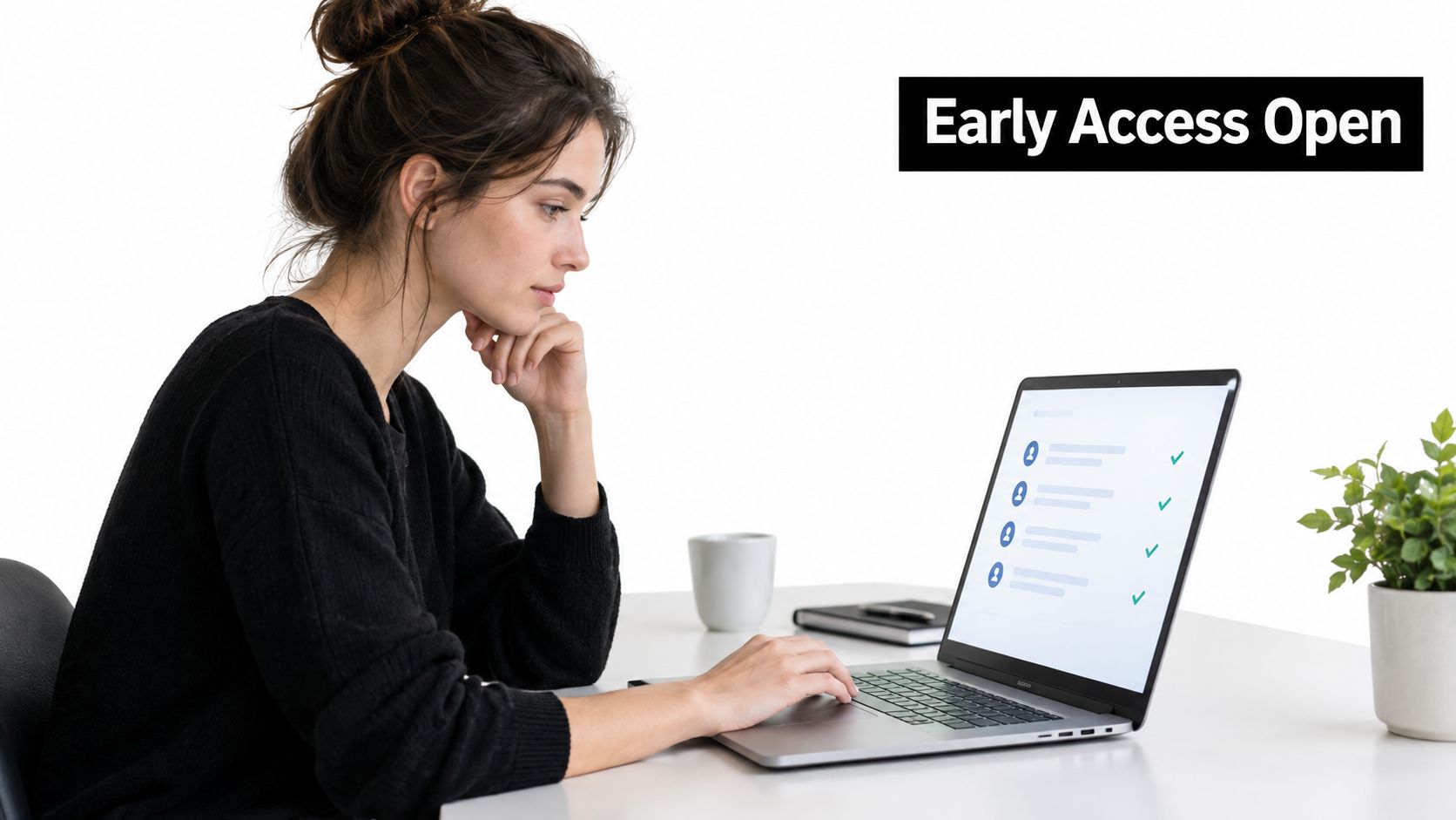 A woman working on a laptop with an Early Access Open sign, symbolizing professional product launch preparation.