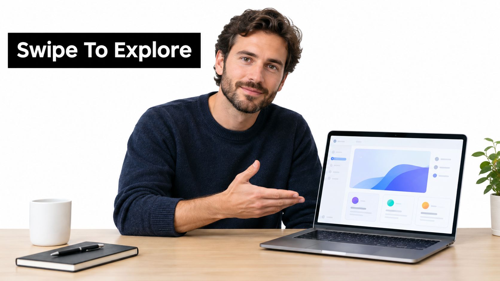 A professional man sitting at a desk presenting a laptop screen with a modern software interface.