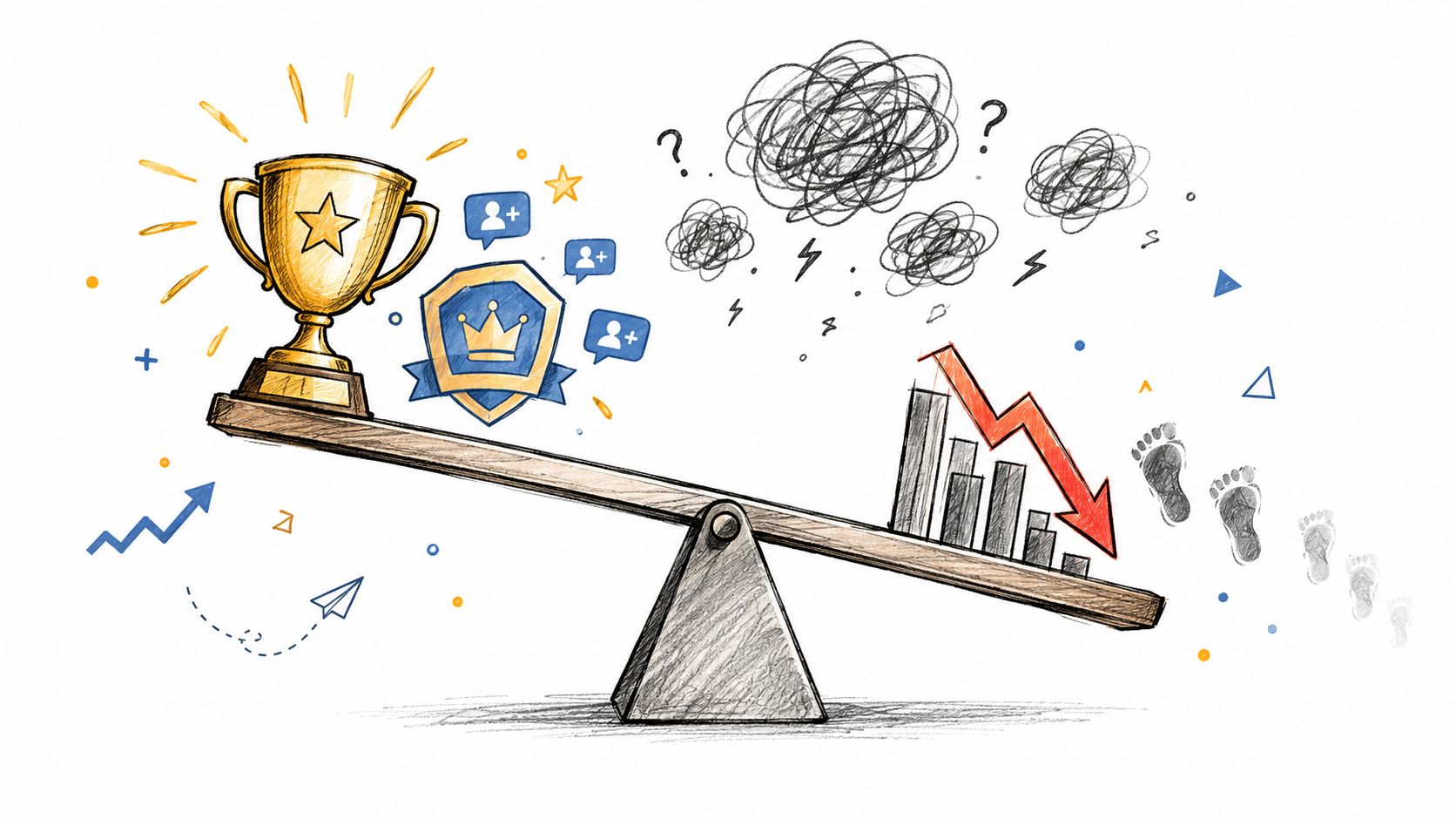 A seesaw balancing a gold trophy against a declining business chart with chaotic scribbles and footprints.