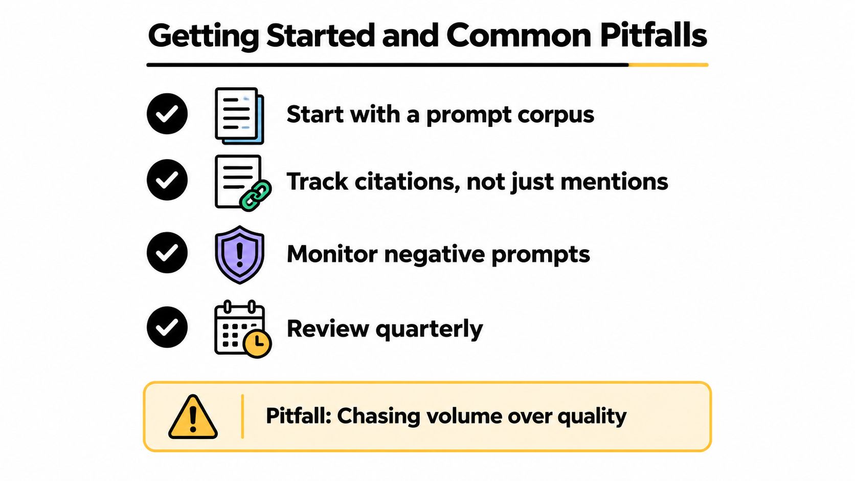 An infographic titled Getting Started and Common Pitfalls, listing key strategies and one common error for users.