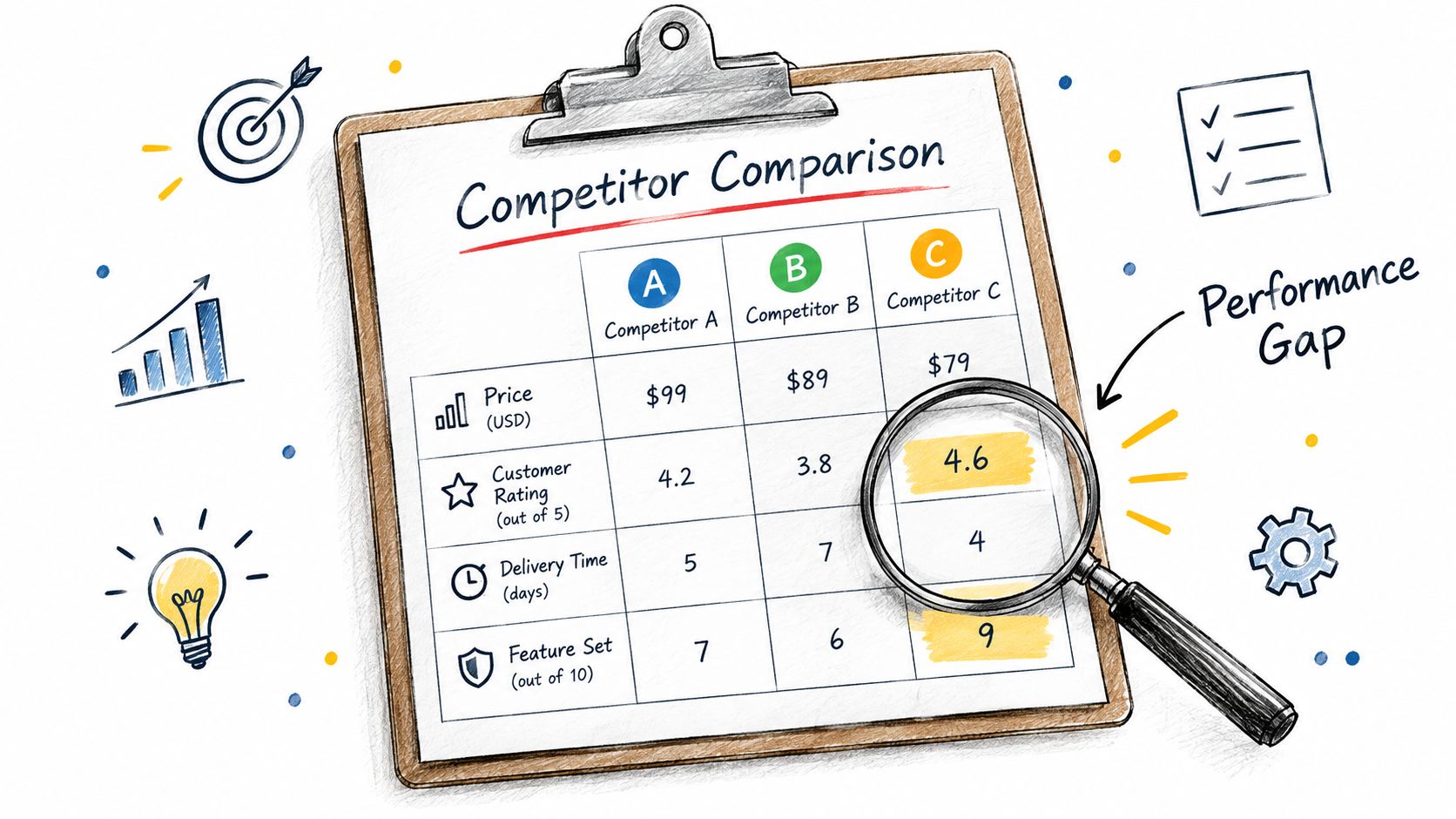A hand-drawn clipboard illustration showing a competitive comparison table for three competitors with magnifying glass highlights.