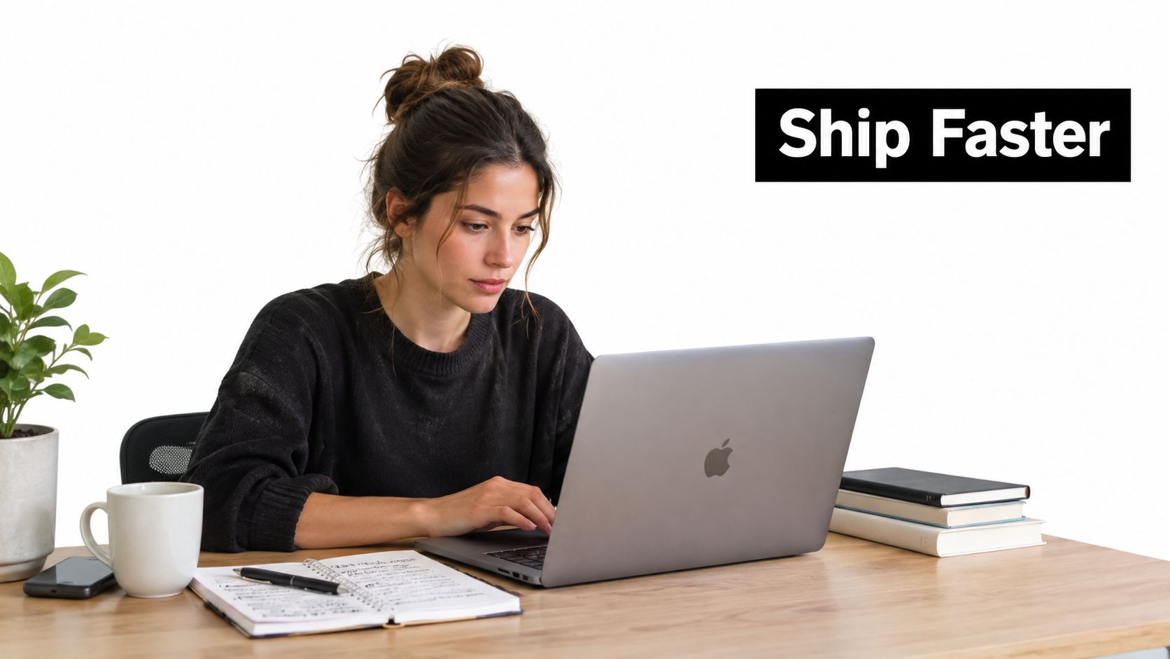 A focused woman working on a laptop at a desk with a notebook and coffee mug.