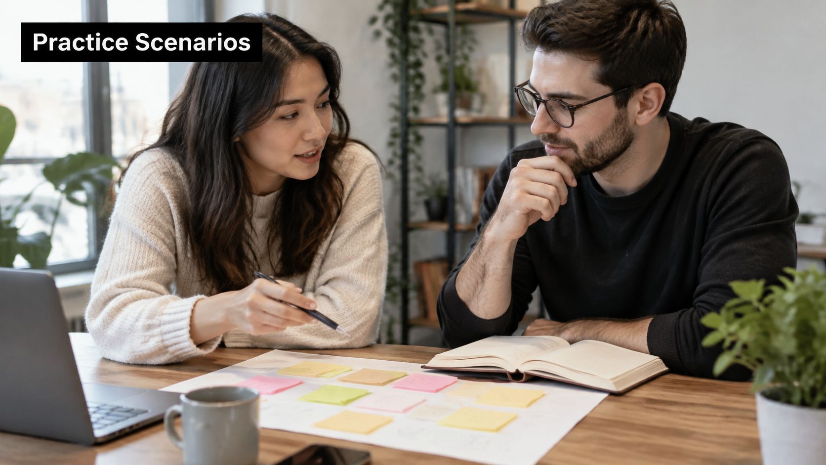 A woman and a man working together at a table with sticky notes and a laptop.