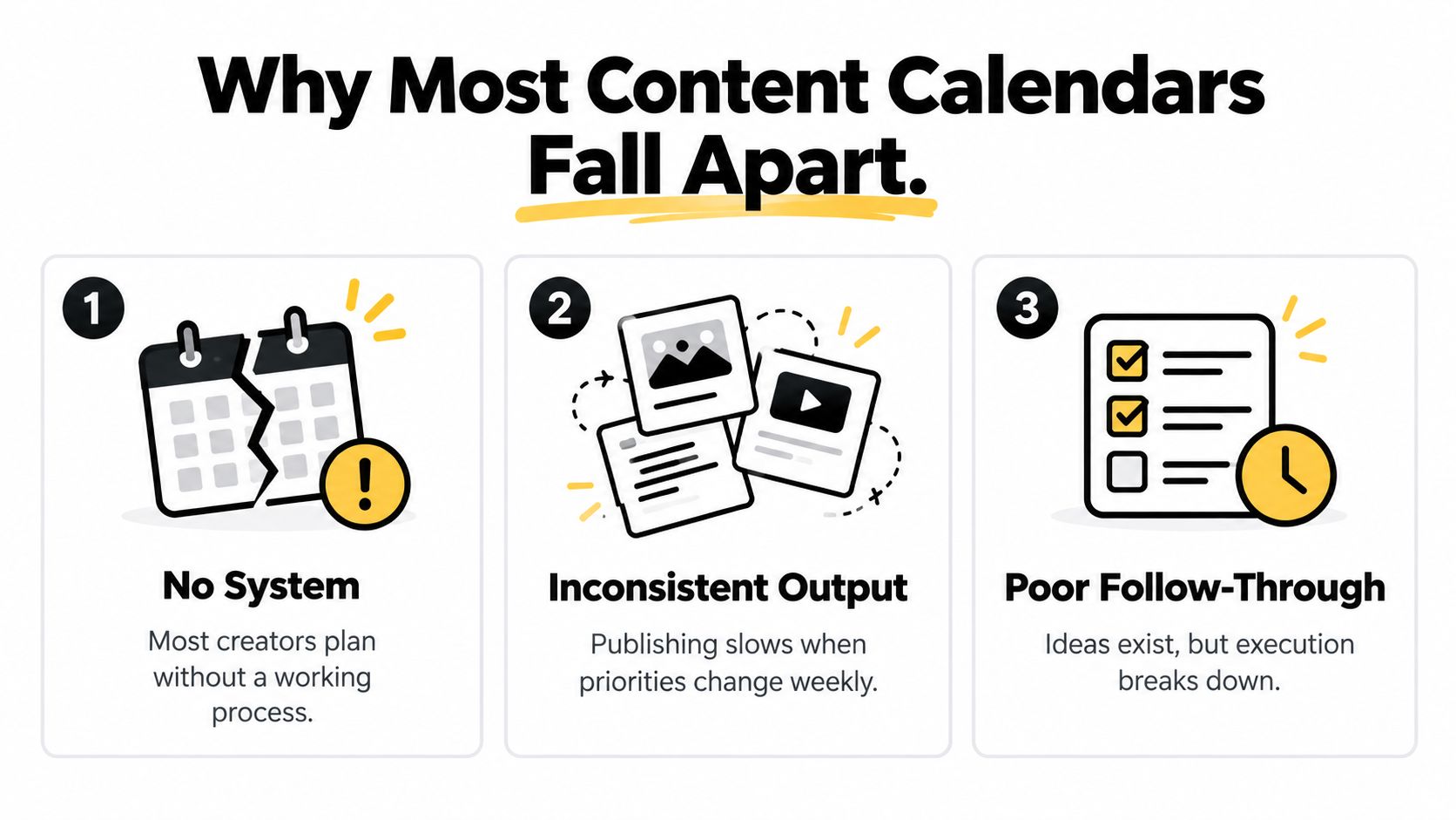 An infographic titled Why Most Content Calendars Fall Apart, illustrating three common reasons for content planning failures.