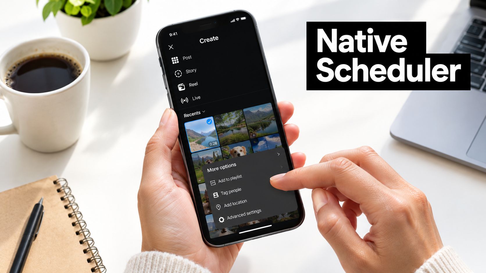 A person holding a smartphone showing an Instagram interface to schedule a video post for social media.