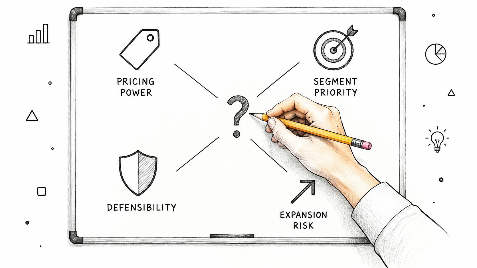 A hand holding a pencil drawing a business concept diagram on a whiteboard with four strategic pillars.