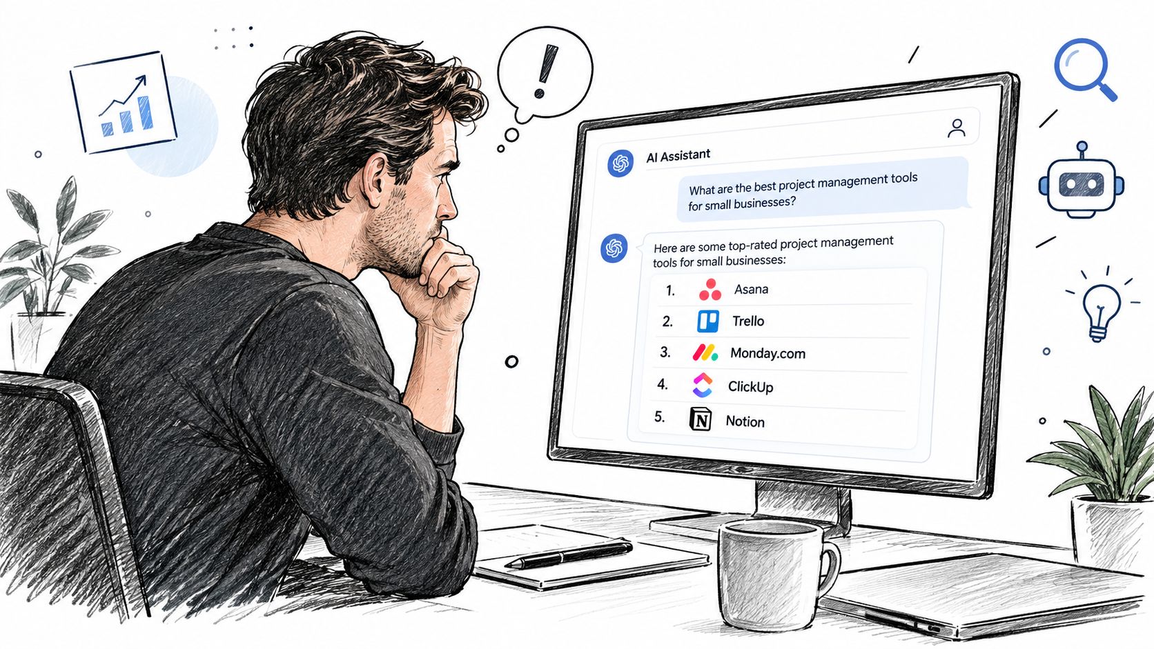 A man looks thoughtfully at a computer screen displaying a chatbot response about project management software.
