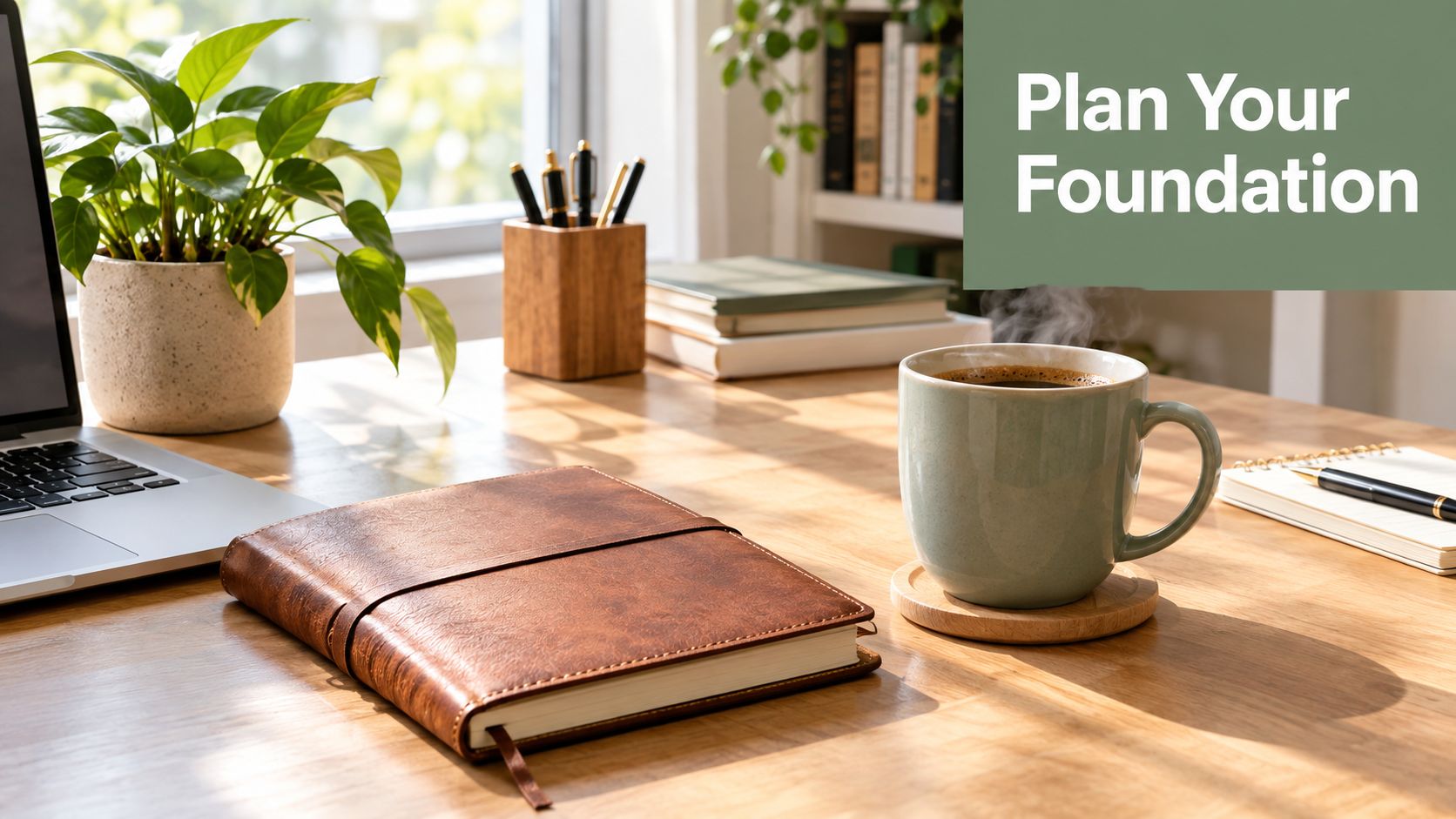 A wooden desk setup featuring a laptop, leather journal, steaming coffee mug, and a houseplant.