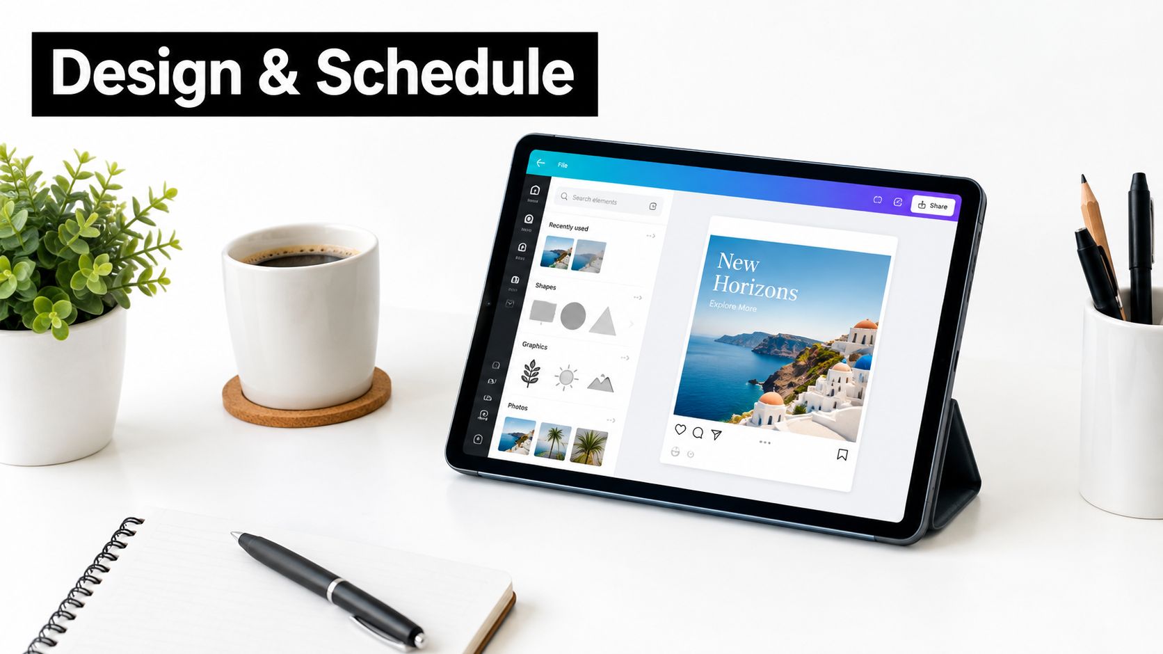 A digital tablet displaying a content creation app with a social media post design on a desk.