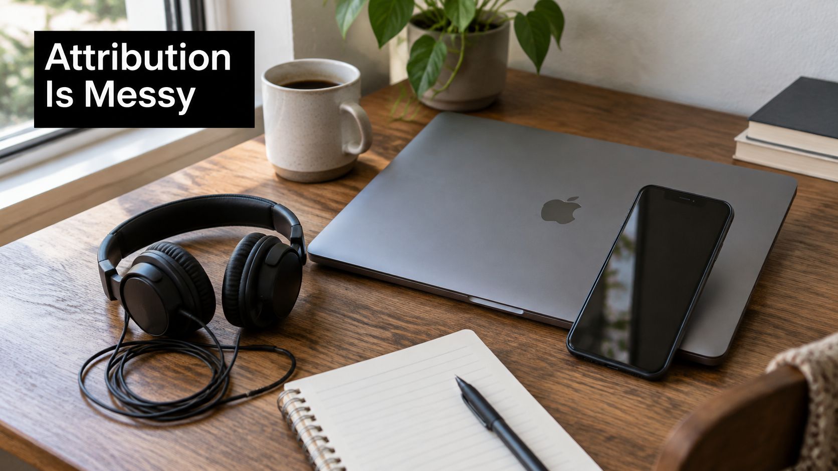 A modern workspace with a laptop, smartphone, headphones, and notebook on a wooden desk by a window.