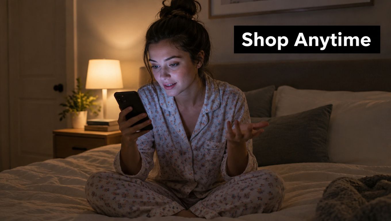 A young woman in pajamas using her smartphone on a bed at night with shop anytime text.