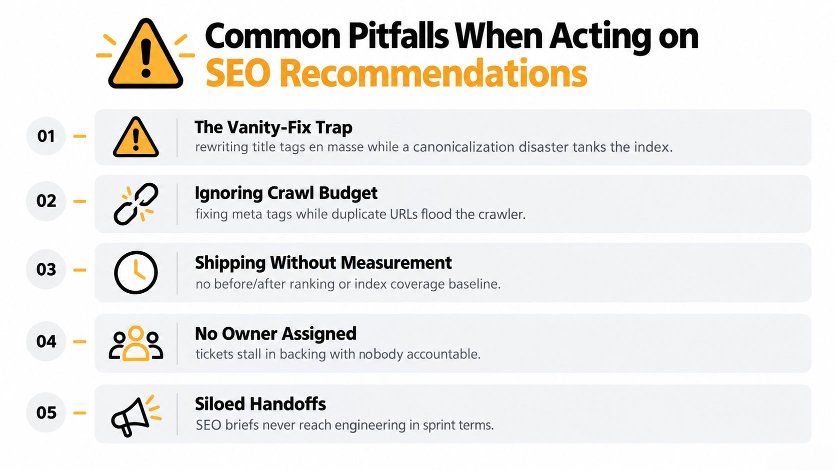 A list graphic titled Common Pitfalls When Acting on SEO Recommendations, featuring five common mistakes in search optimization.