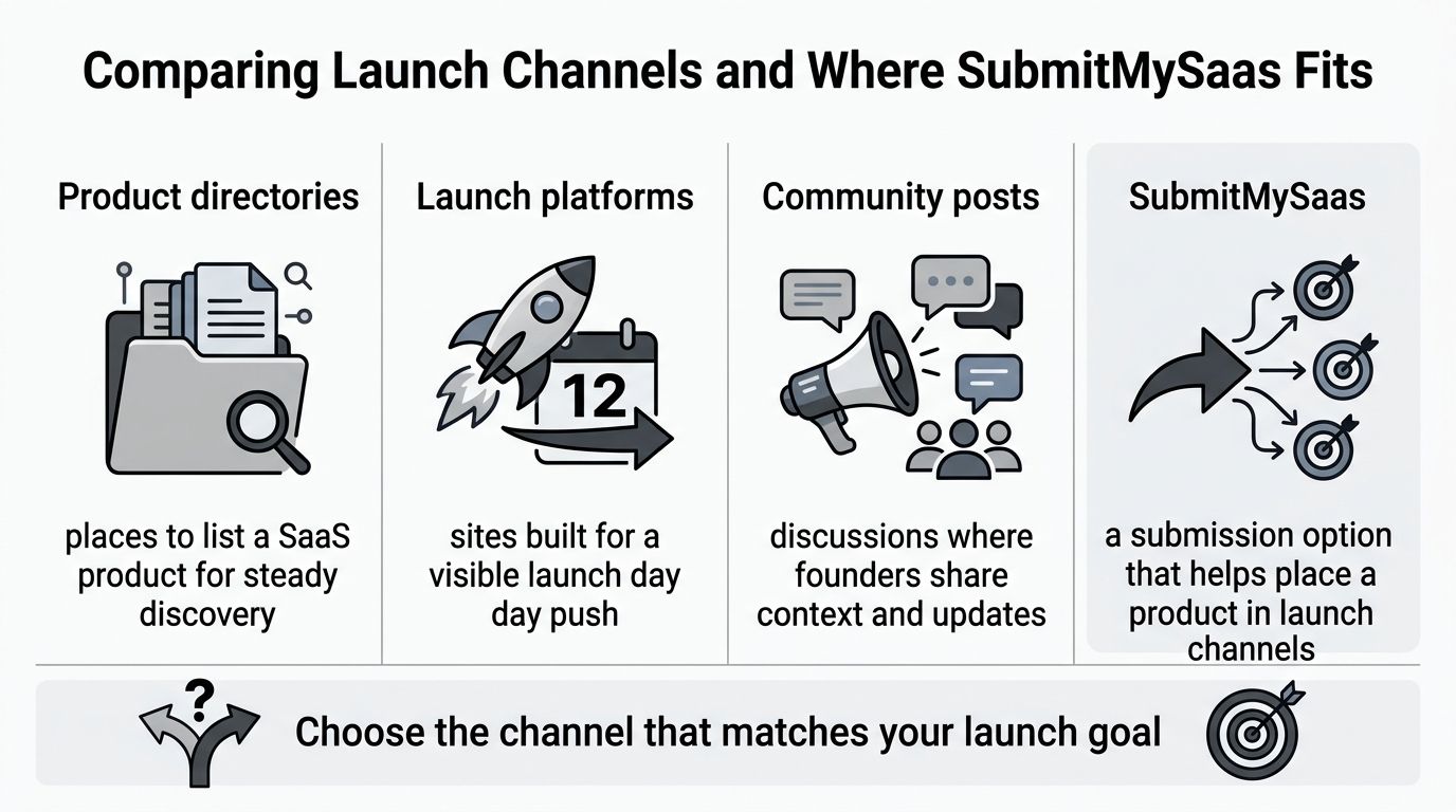 A chart comparing product directories, launch platforms, community posts, and SubmitMySaas as software promotion channels.