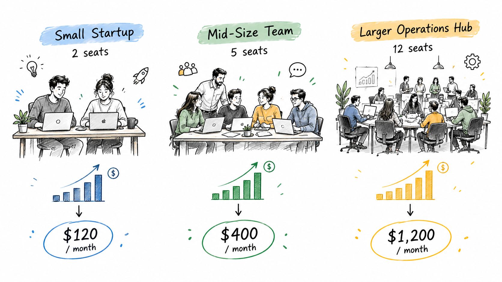 A hand-drawn illustration showing three tiered pricing plans for office workspace seats ranging from startup to large operations.