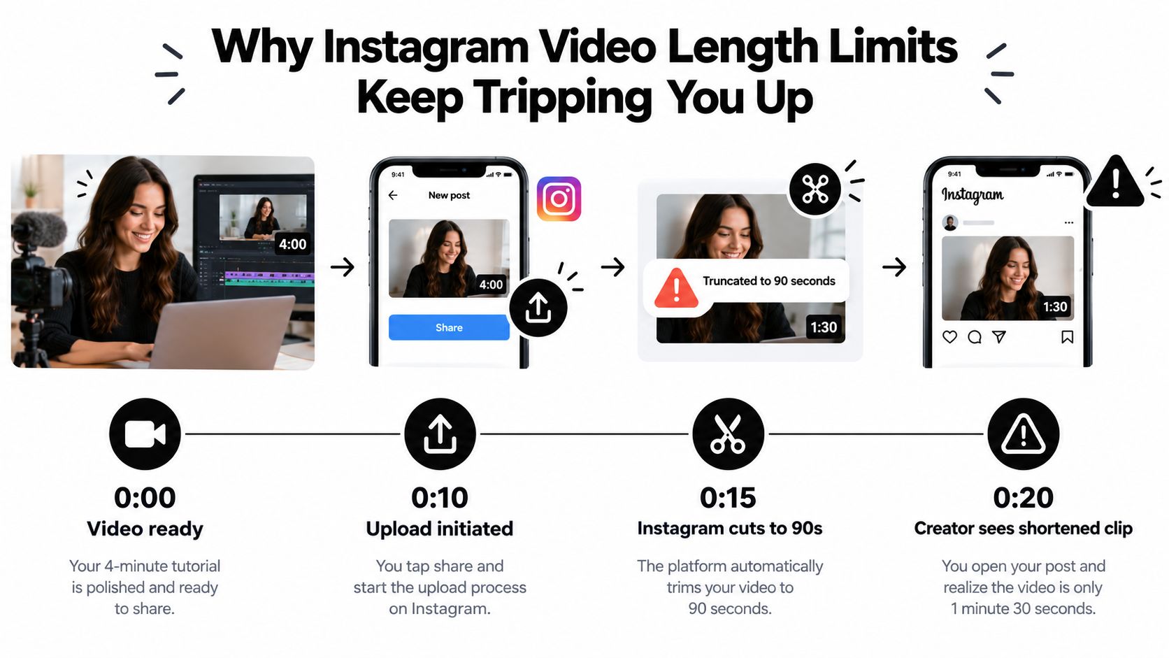 A diagram illustrating how Instagram automatically truncates long video uploads to a 90-second limit.