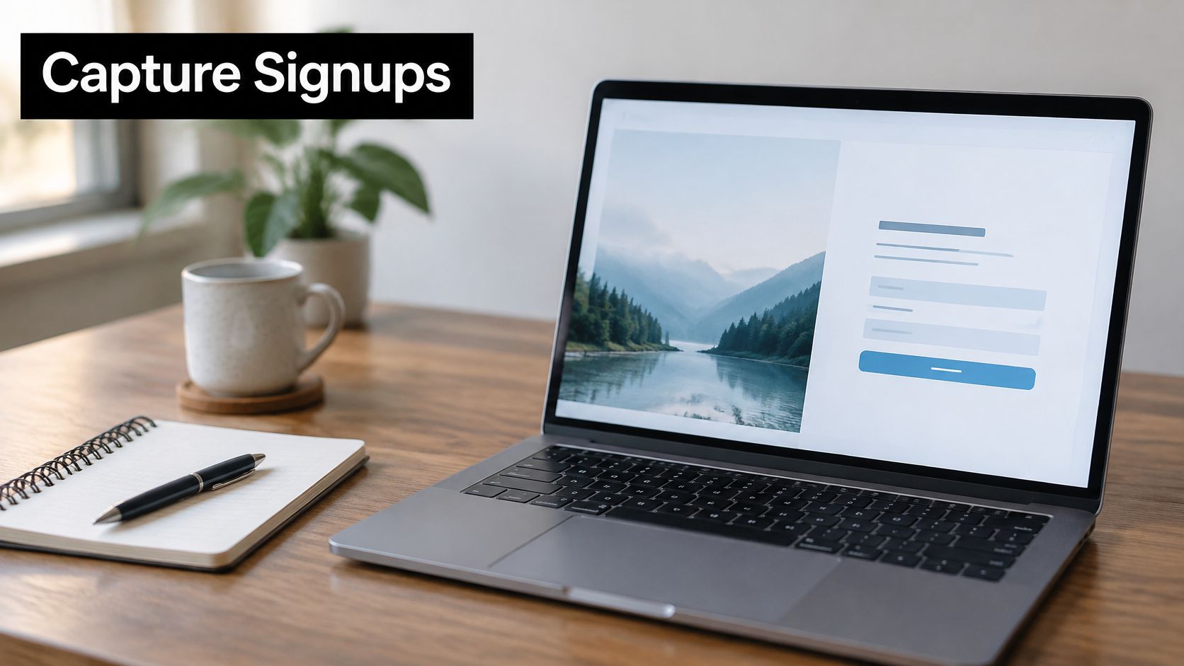 A sleek laptop showing a digital sign-up form displayed on a wooden desk with a notebook.
