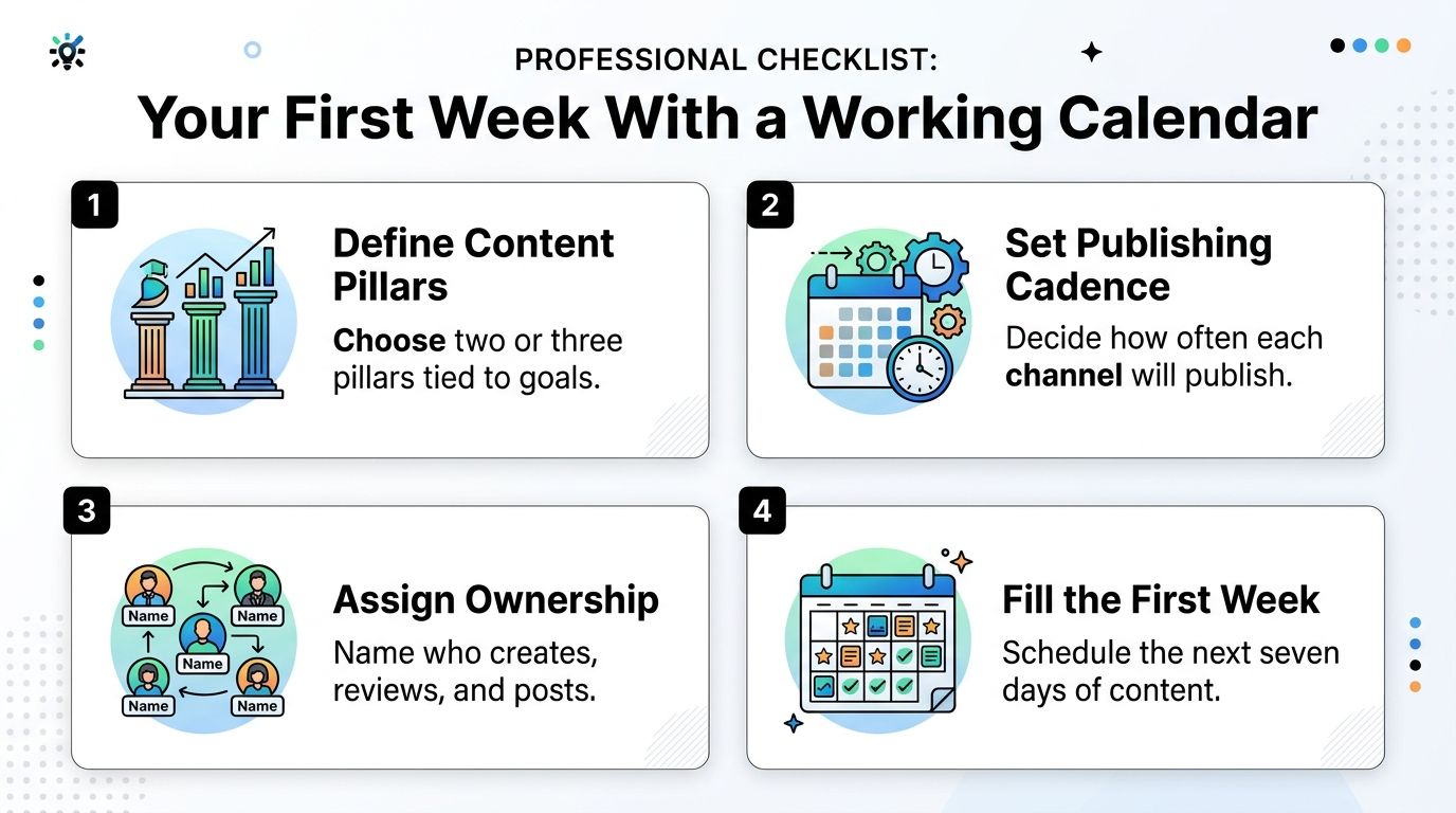 A professional checklist for your first week with a working content calendar featuring four numbered steps.