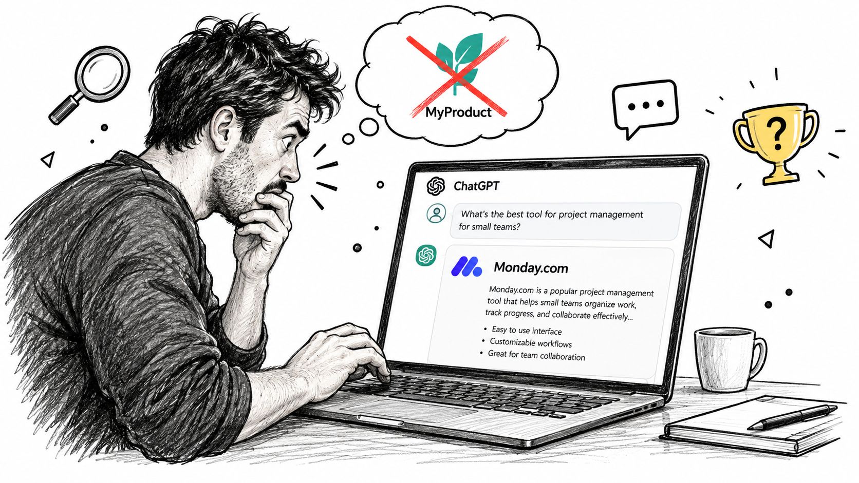 A man staring intensely at his laptop screen displaying a ChatGPT response recommending Monday.com for project management.