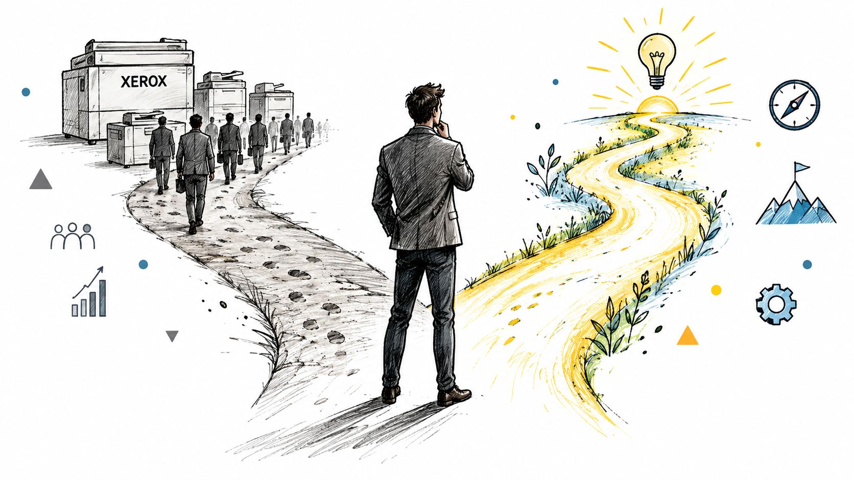 A businessman standing at a crossroads choosing between a repetitive path and a bright, innovative future.