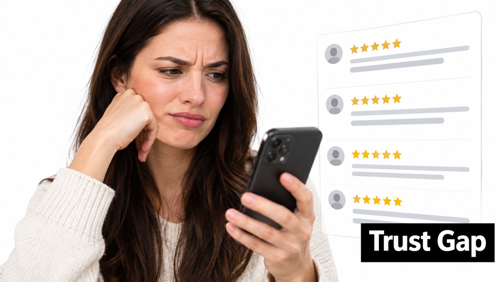 A woman looks skeptical while holding a smartphone next to an overlay of positive review star ratings.
