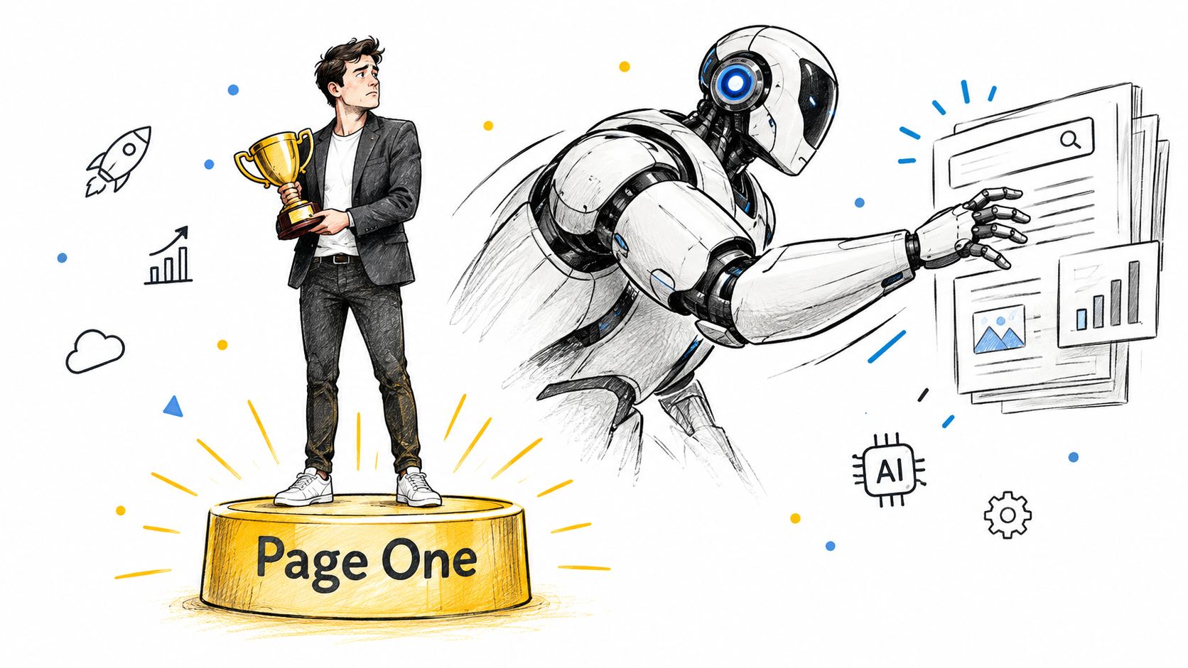 A businessman on a podium labelled Page One beside a robotic figure interacting with digital search results.