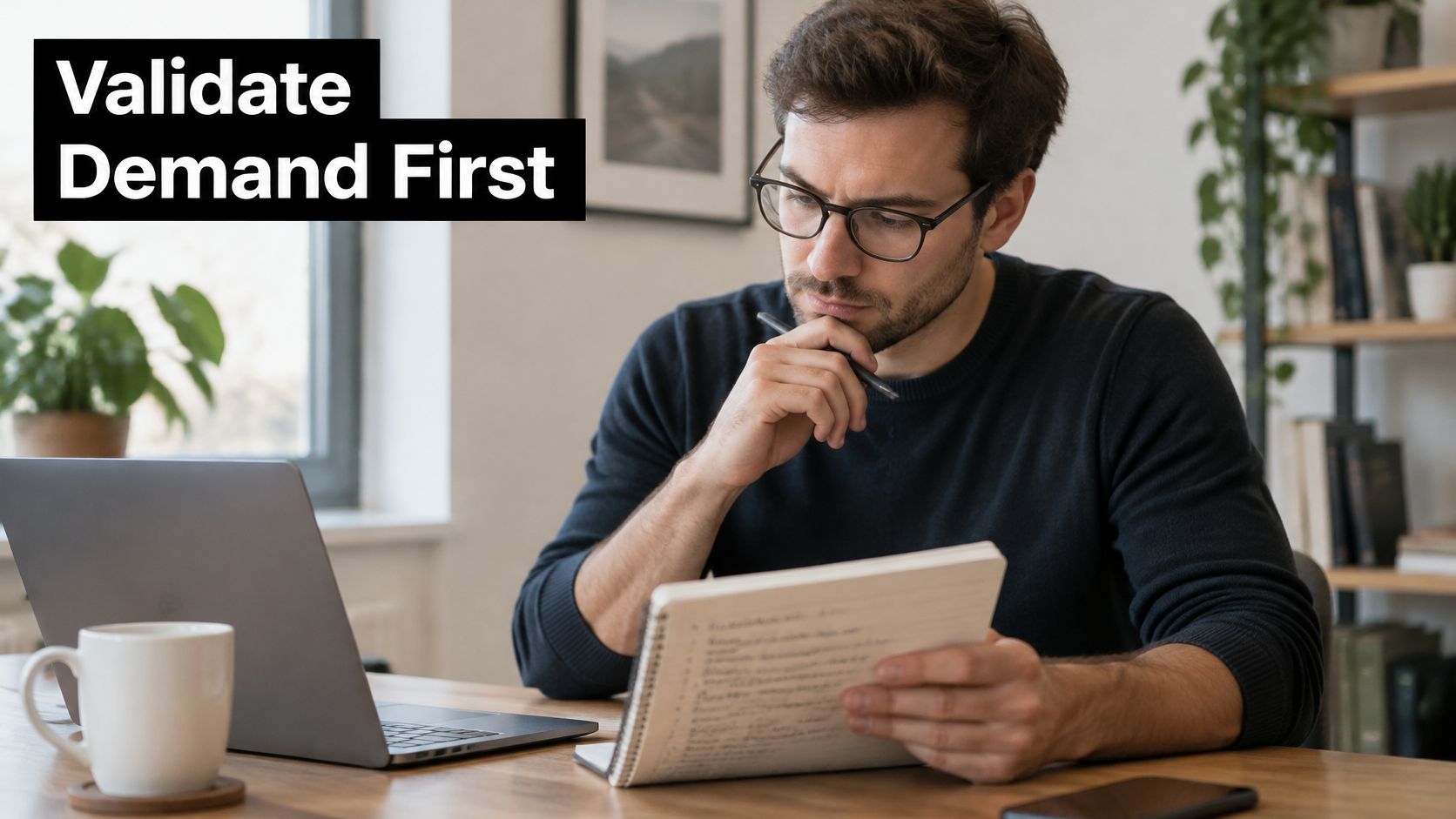 A focused man wearing glasses works at a laptop while taking notes in a notebook at home.