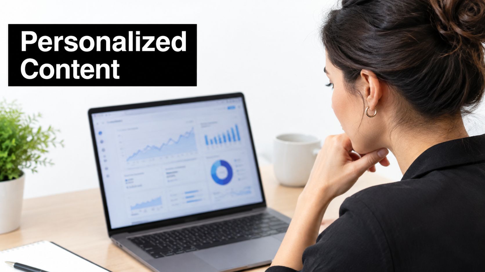 A businesswoman analyzing data and marketing trends on a laptop screen with Personalized Content overlay text.