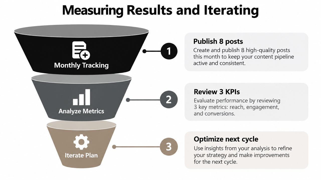A funnel diagram outlining a three-step content planning process: tracking, analyzing metrics, and iterating the strategy.