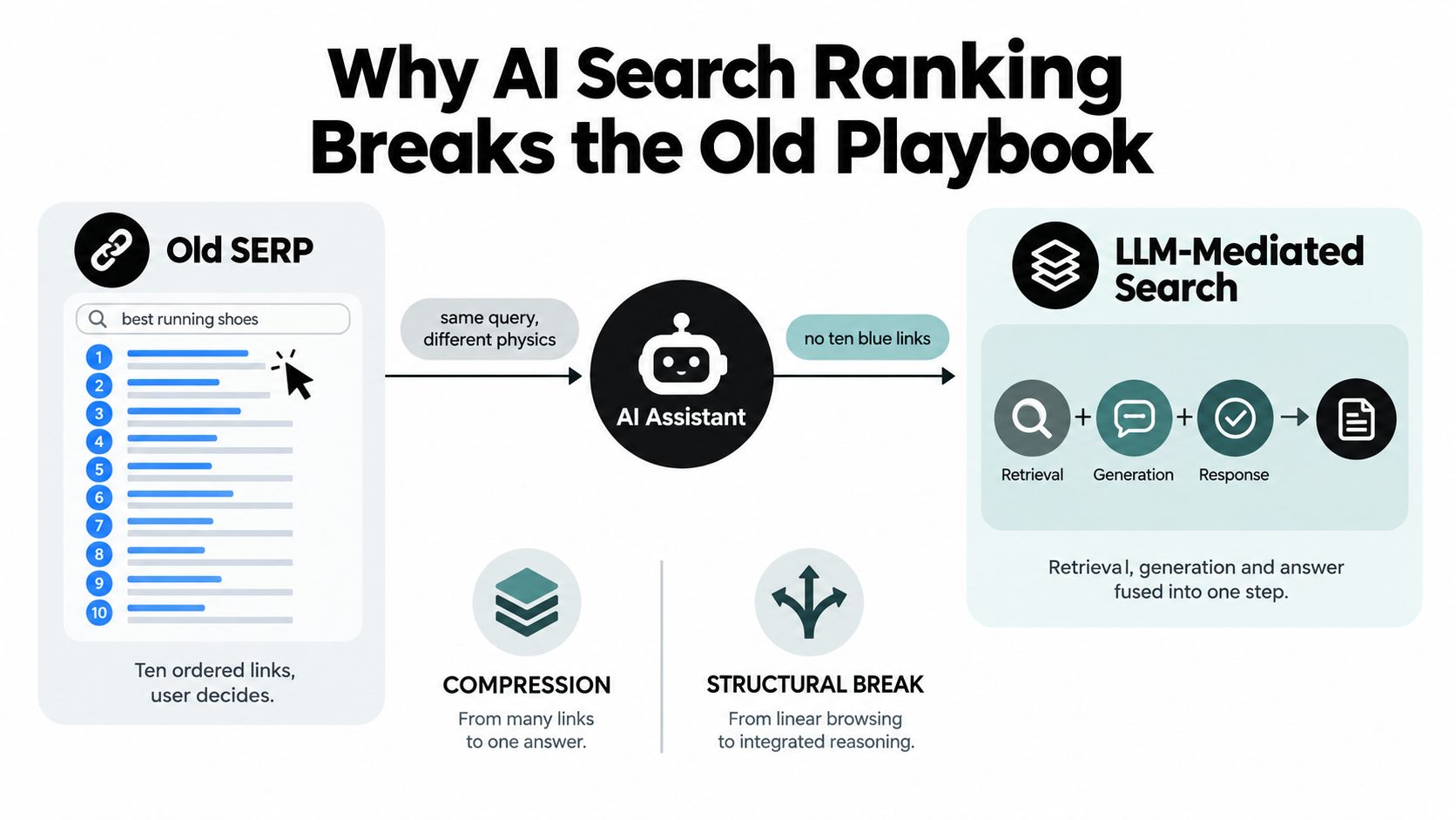 A diagram comparing traditional ten blue link search engine results to modern AI-mediated search processes.