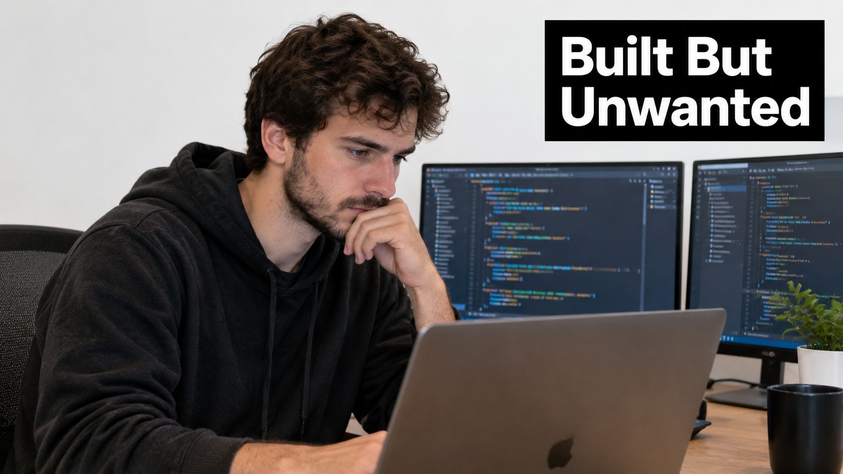 A focused developer working on code at his desk, contemplating his screen in a modern workspace.