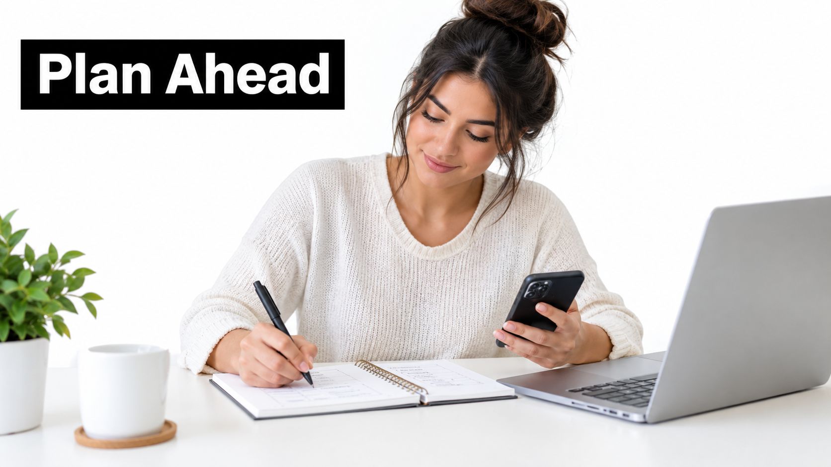 A smiling young woman in a white sweater writing in a planner while using a mobile phone.