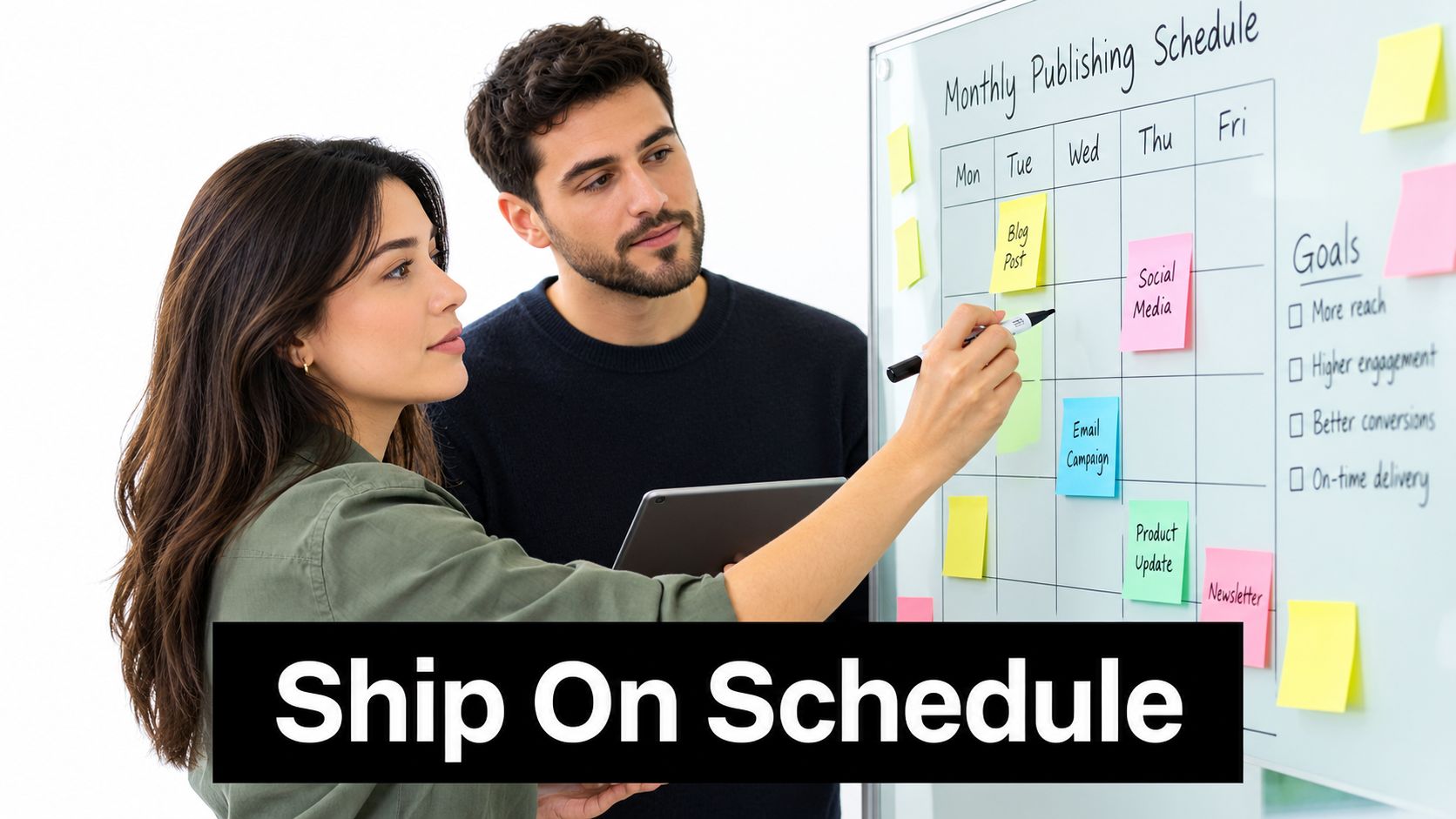 A professional woman and man collaborating on a marketing content strategy using a whiteboard and tablet.