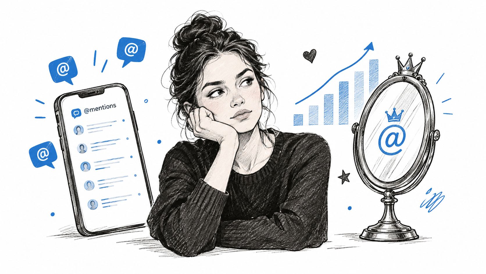A pencil sketch of a woman reflecting on her social media growth and digital brand engagement.
