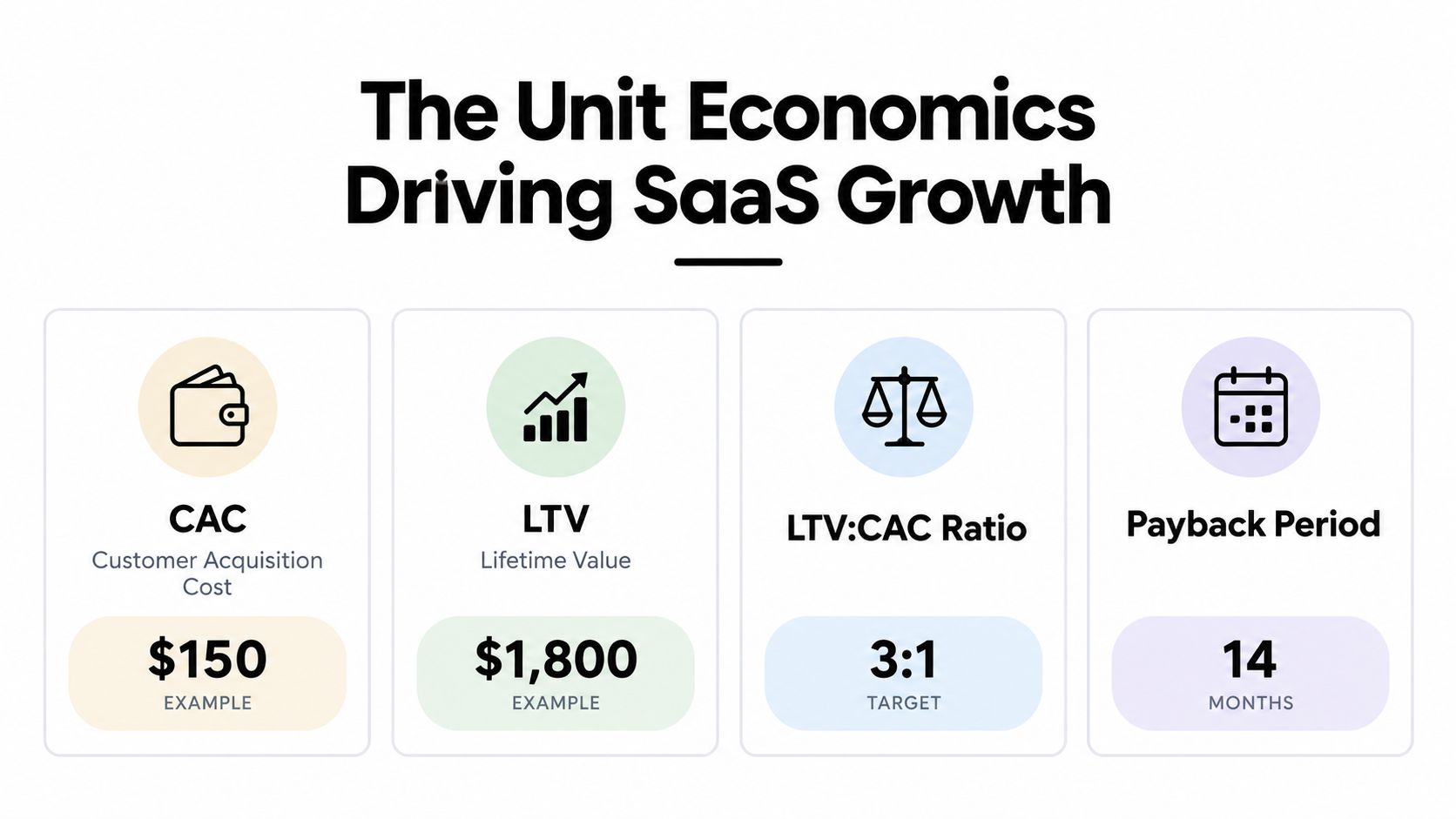 An infographic showing four key unit economic metrics for SaaS companies: CAC, LTV, LTV:CAC Ratio, and Payback Period.