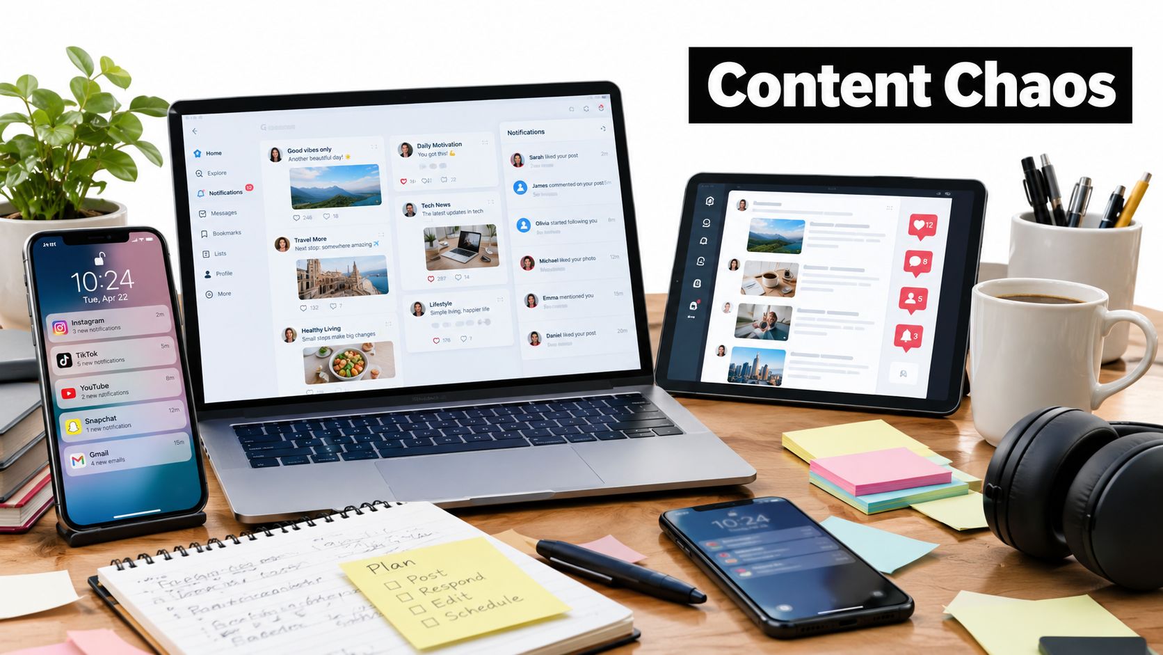 A modern workspace with multiple digital devices displaying social media feeds, notifications, and task planning materials.