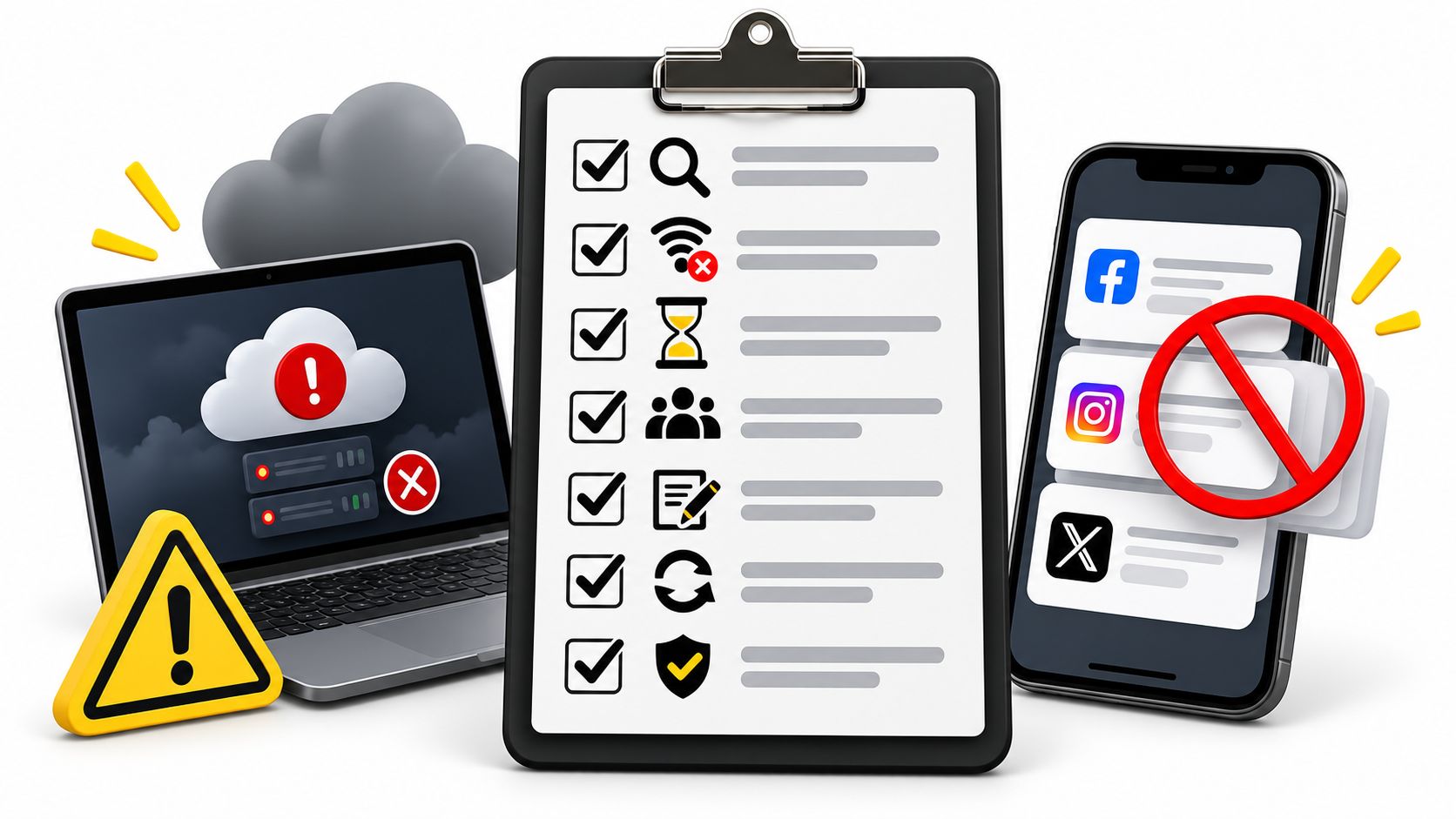 A 3D graphic showing a laptop with cloud error, a checklist, and a phone with blocked social apps.